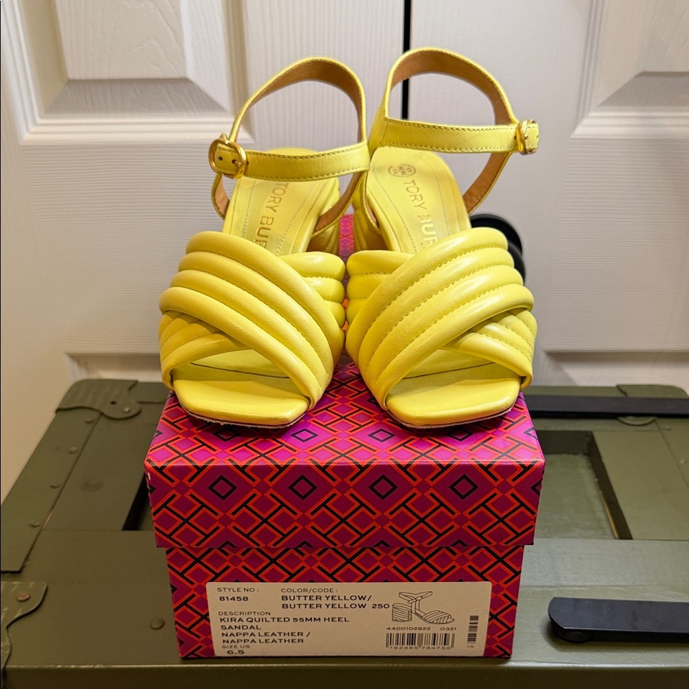 EUC Tory Burch Kira Quilted 55MM Heel Sandal in Nappa Leather in size 6.5.